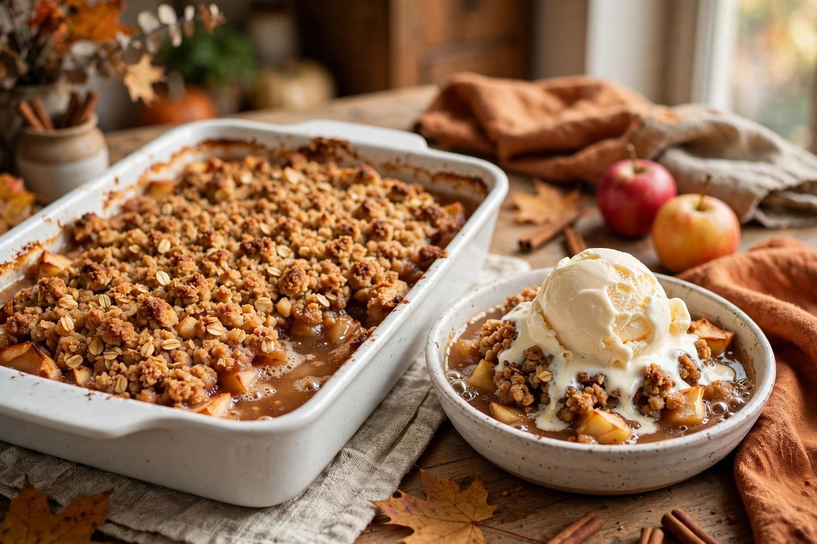 Baked apple crisp with golden oat streusel in a white 9x13 dish beside a bowl with vanilla ice cream