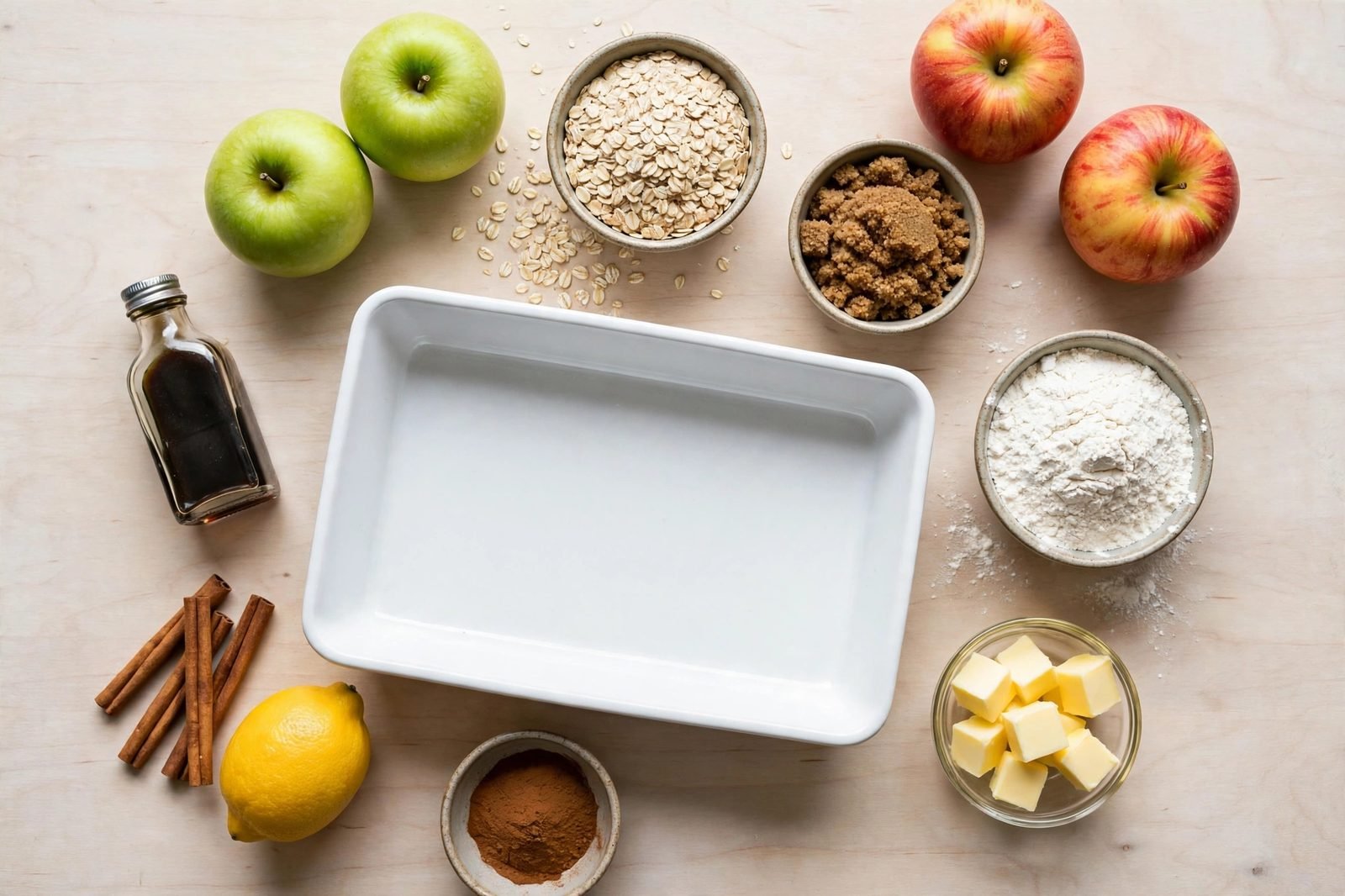 Ingredients for old-fashioned apple crisp: Granny Smith and Honeycrisp apples, rolled oats, brown sugar, flour, butter, cinnamon, and lemon