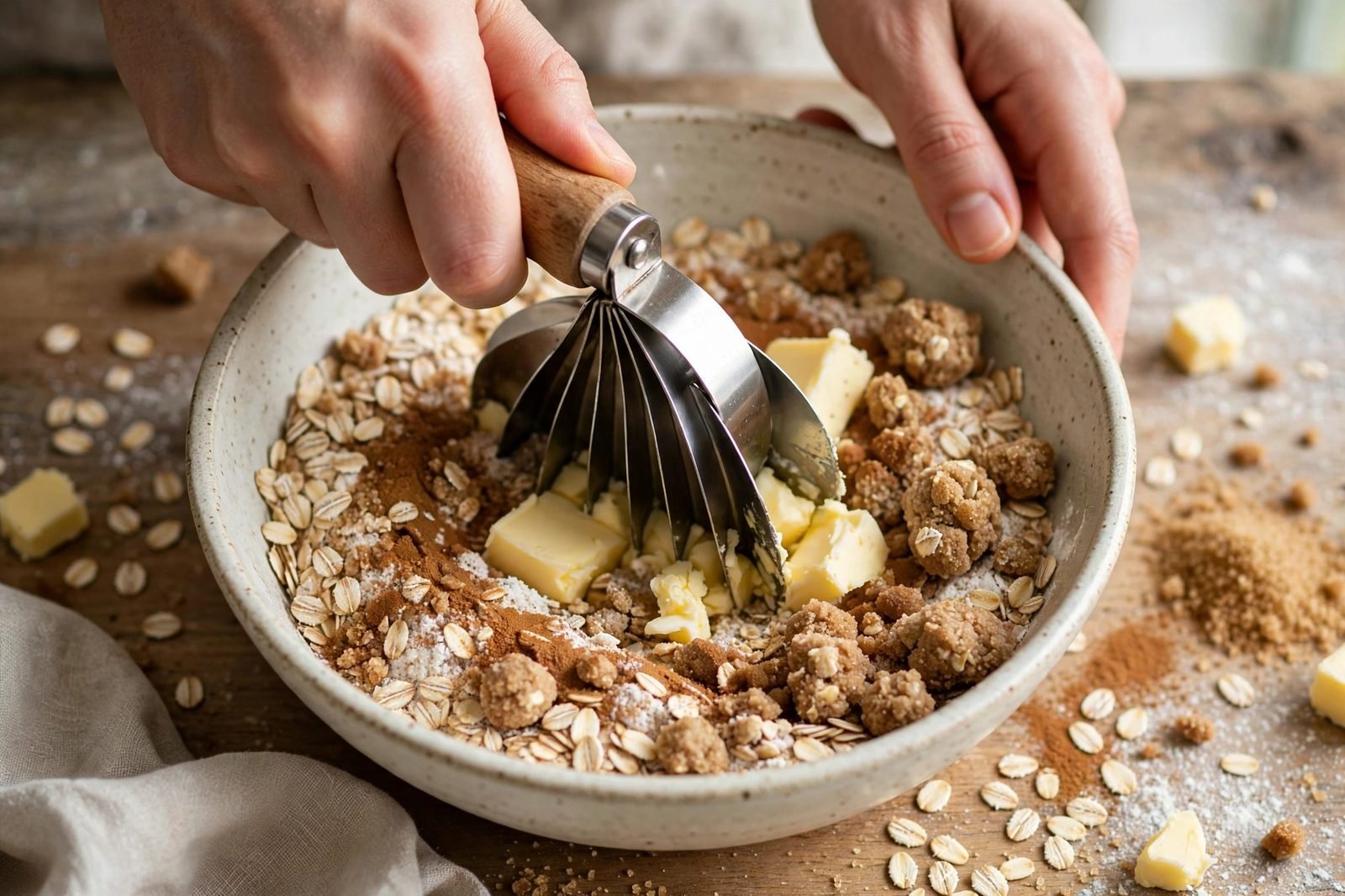 Cutting cold butter into the oat-brown-sugar streusel mixture