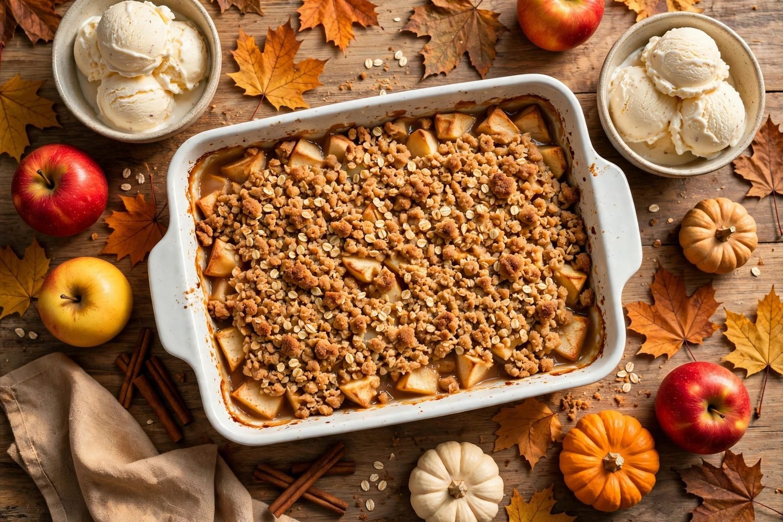 Overhead fall spread with apple crisp, serving bowls, apples, cinnamon, and small pumpkins