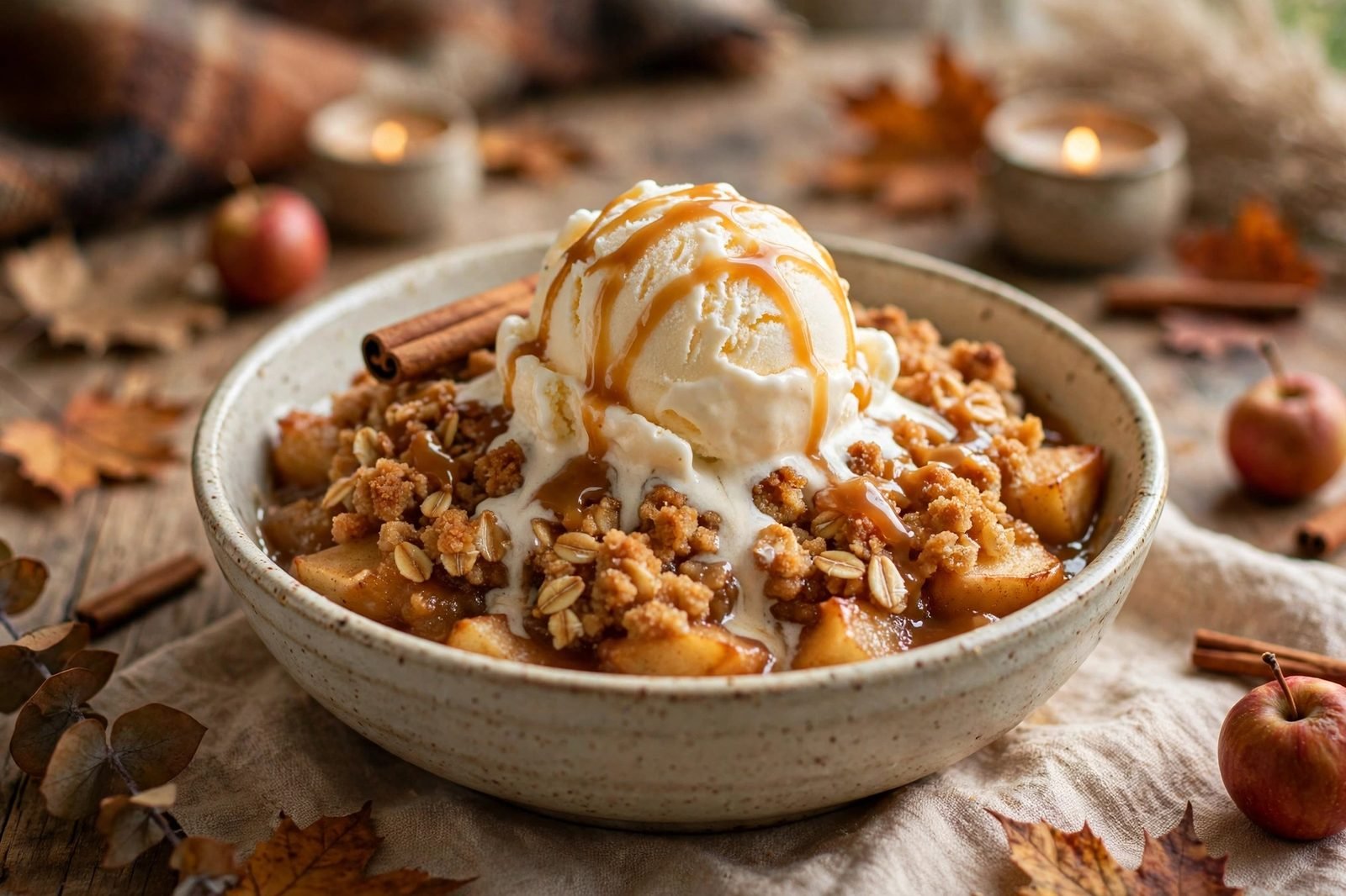 Bowl of warm apple crisp with a melting scoop of vanilla ice cream