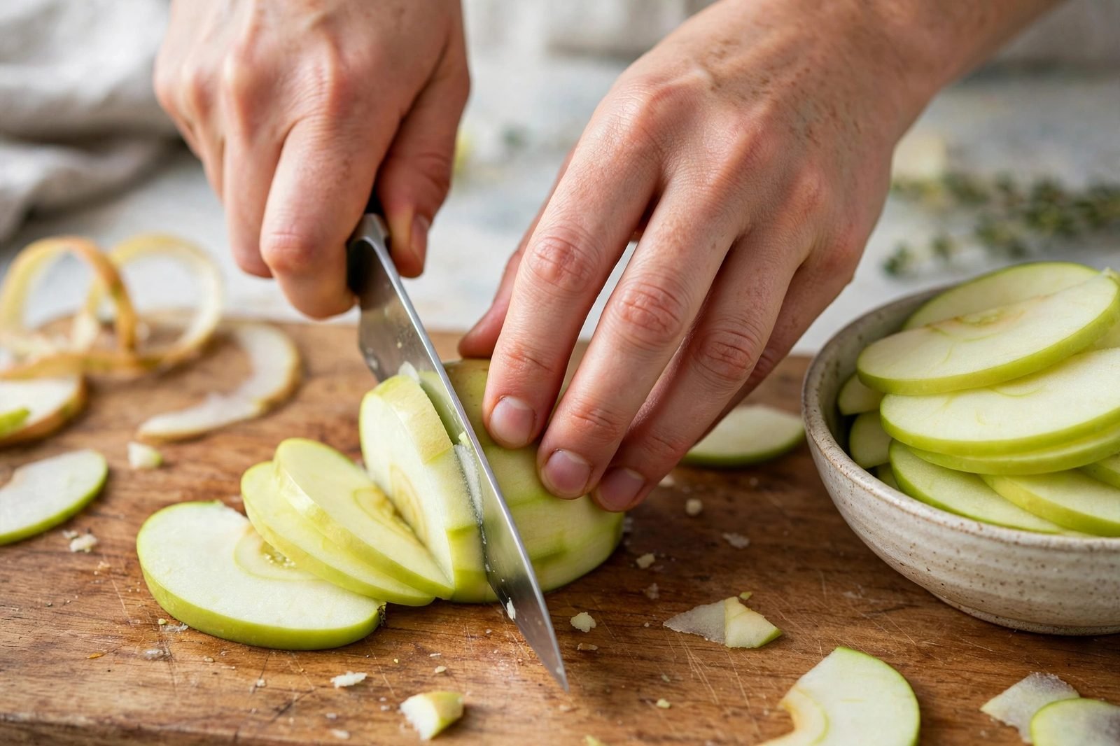 Slicing peeled apples into thin slices on a cutting board