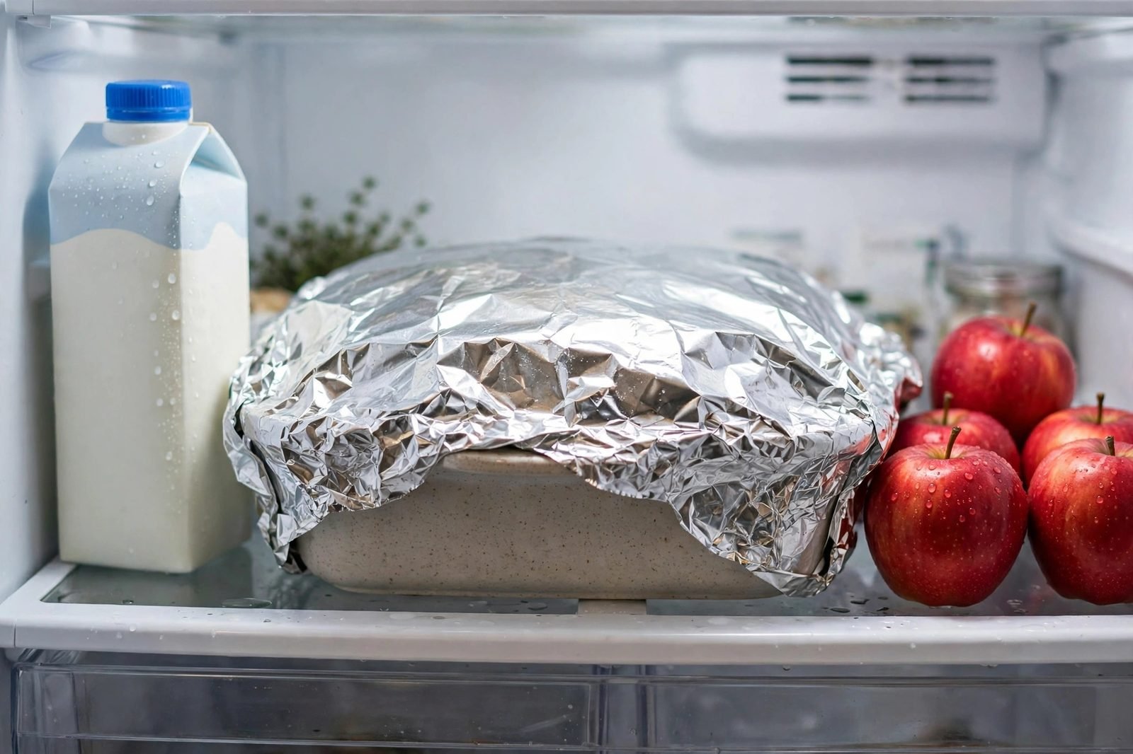 Baking dish of apple crisp covered with foil in the refrigerator
