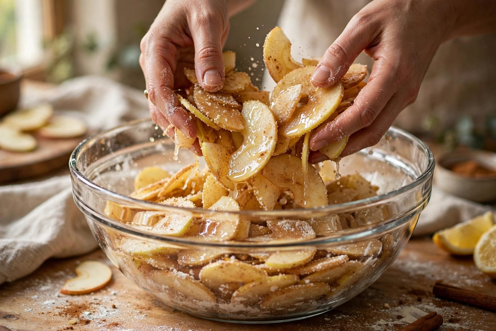 Apple slices tossed with sugar, cinnamon, flour, and lemon in a large bowl