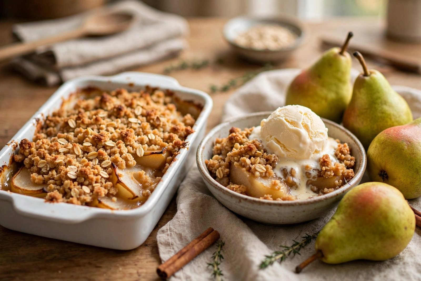 Pear crisp variant with golden oat streusel and fresh pears