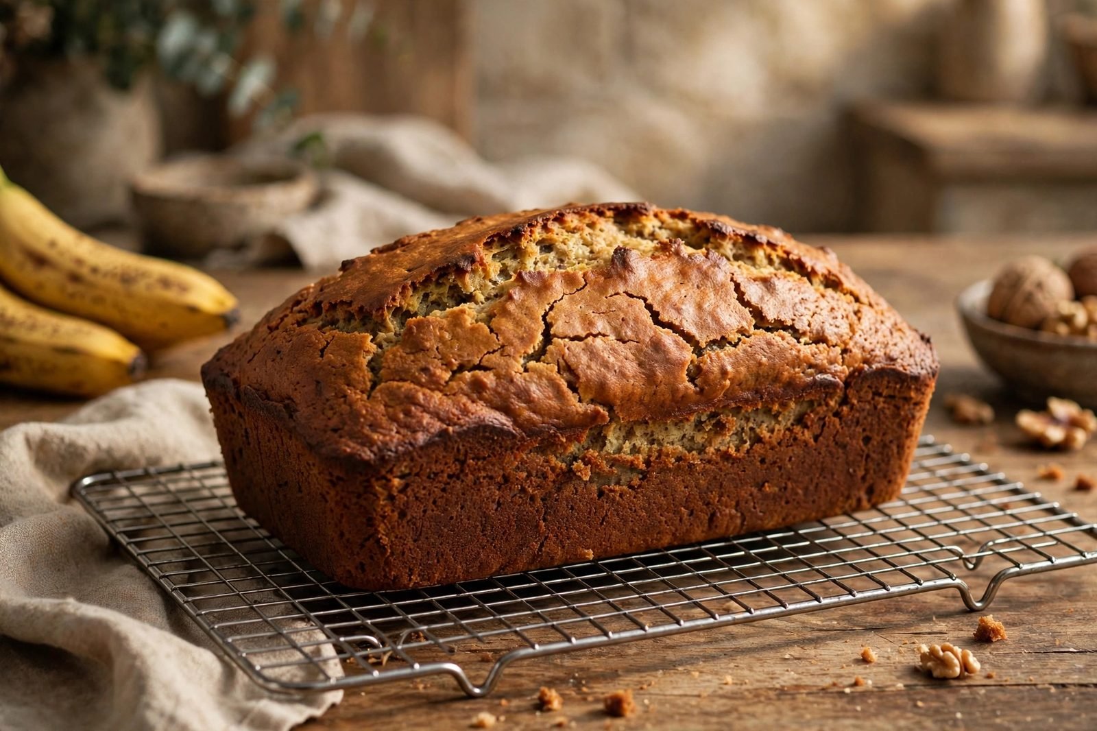 Freshly baked golden-brown banana bread loaf with a cracked dome top cooling on a wire rack