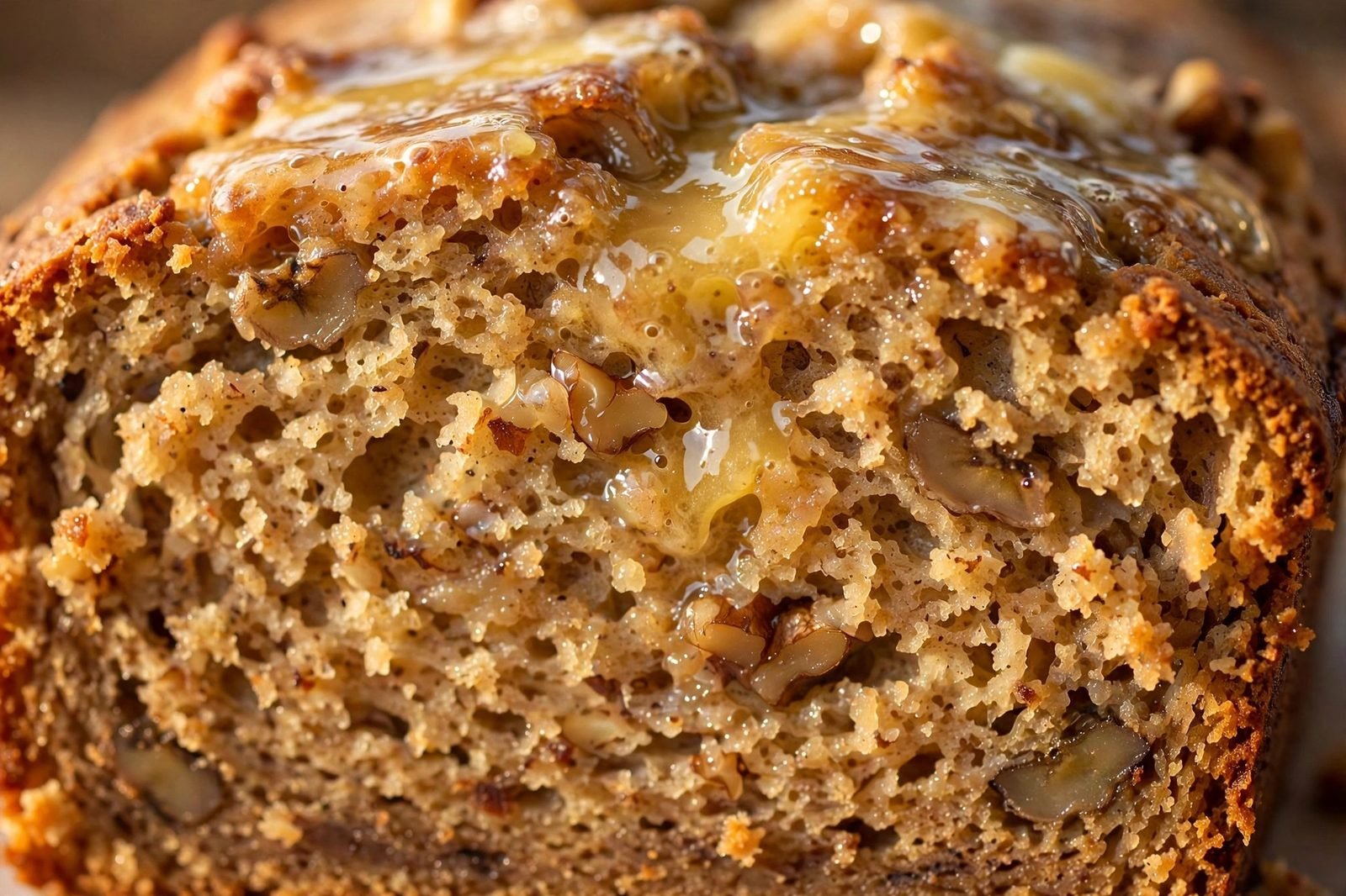 Close-up of a thick slice of moist banana bread showing the tender crumb texture