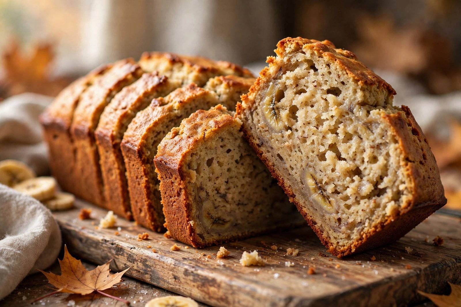 Sliced super moist sour cream banana bread showing the tender crumb
