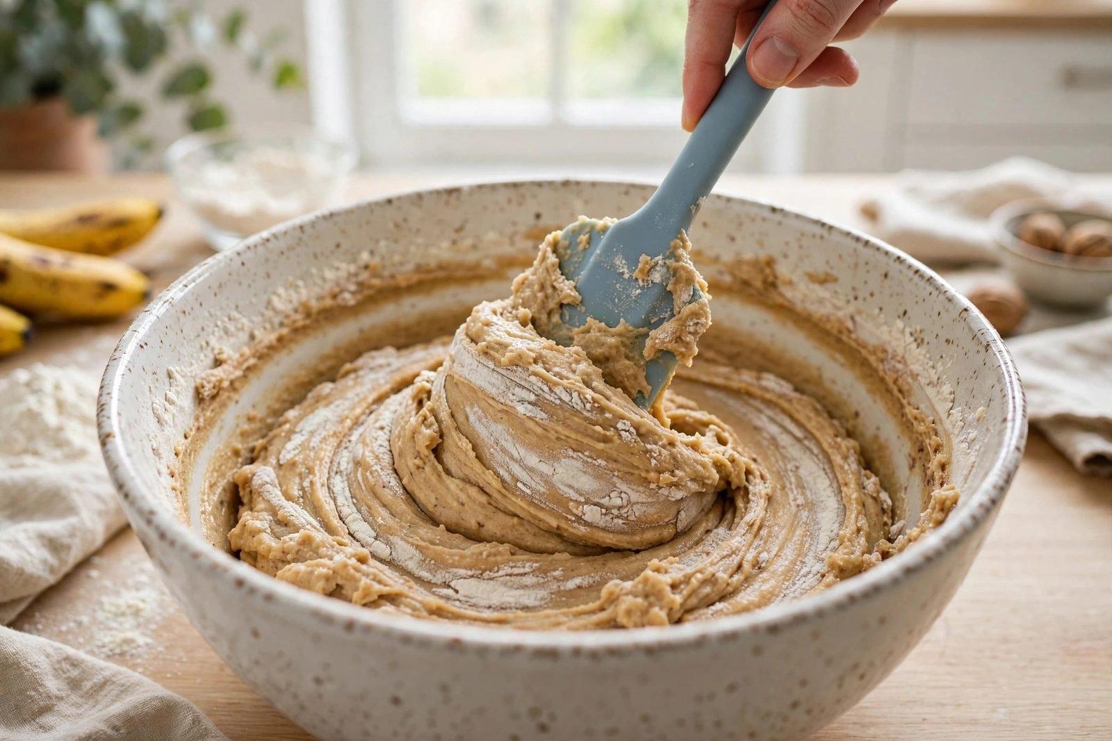 Folding the flour mixture into the wet banana batter until just combined