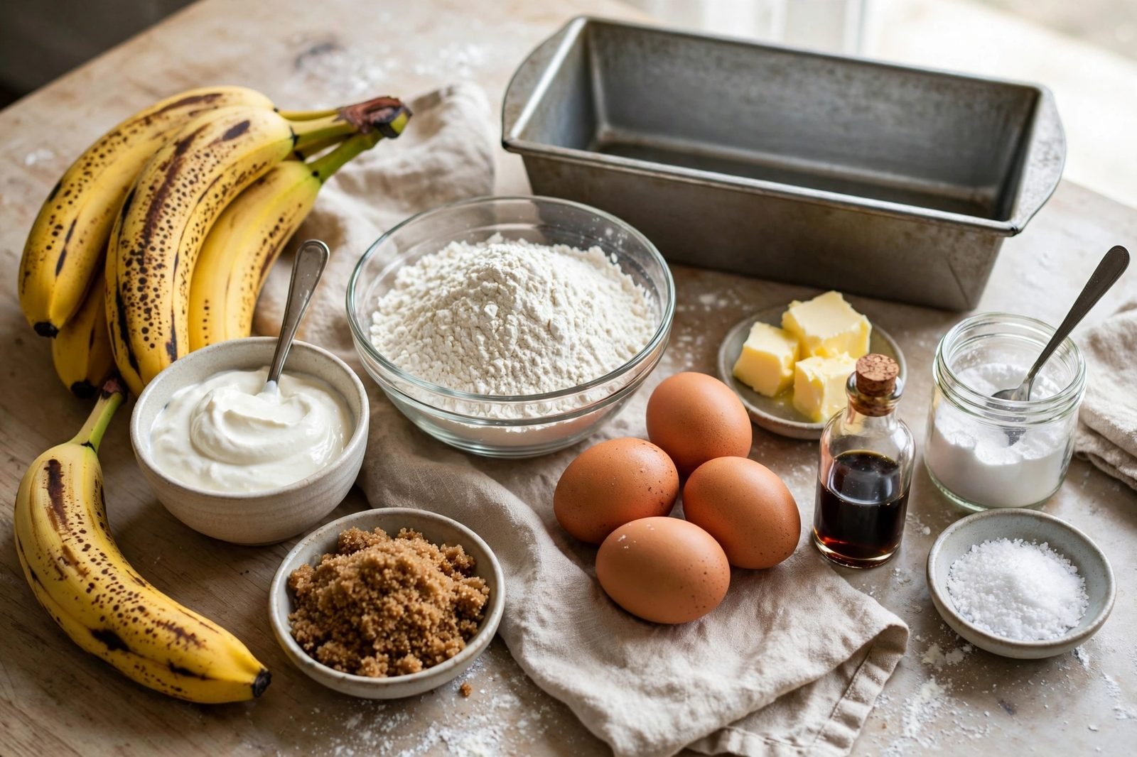 Ingredients for sour cream banana bread: ripe bananas, sour cream, brown sugar, flour, eggs, butter, vanilla, and baking soda