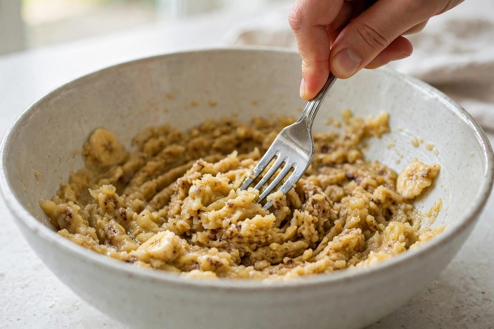 Mashing very ripe spotted bananas with a fork in a mixing bowl