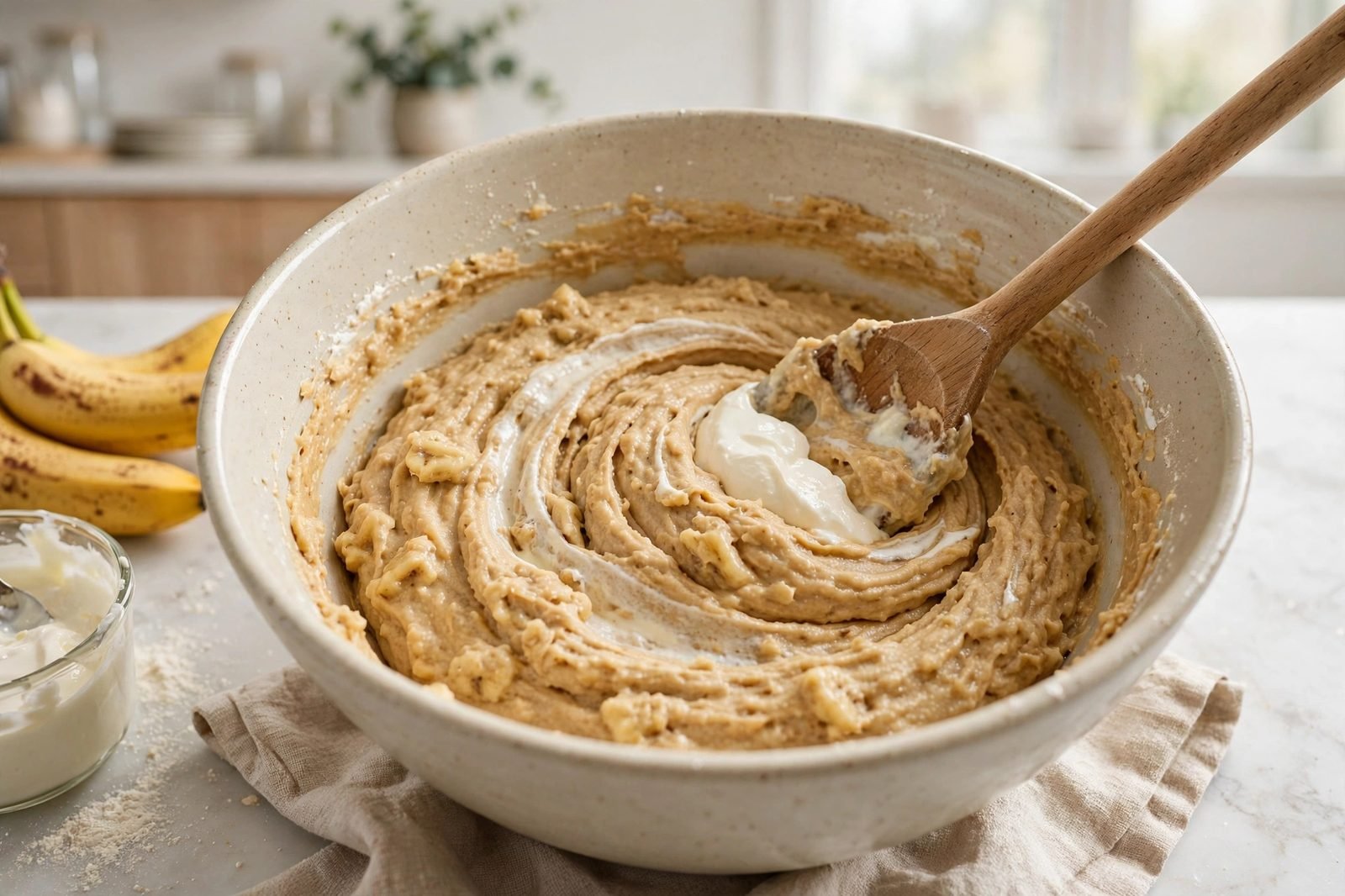 Stirring the sour cream banana bread batter in a mixing bowl