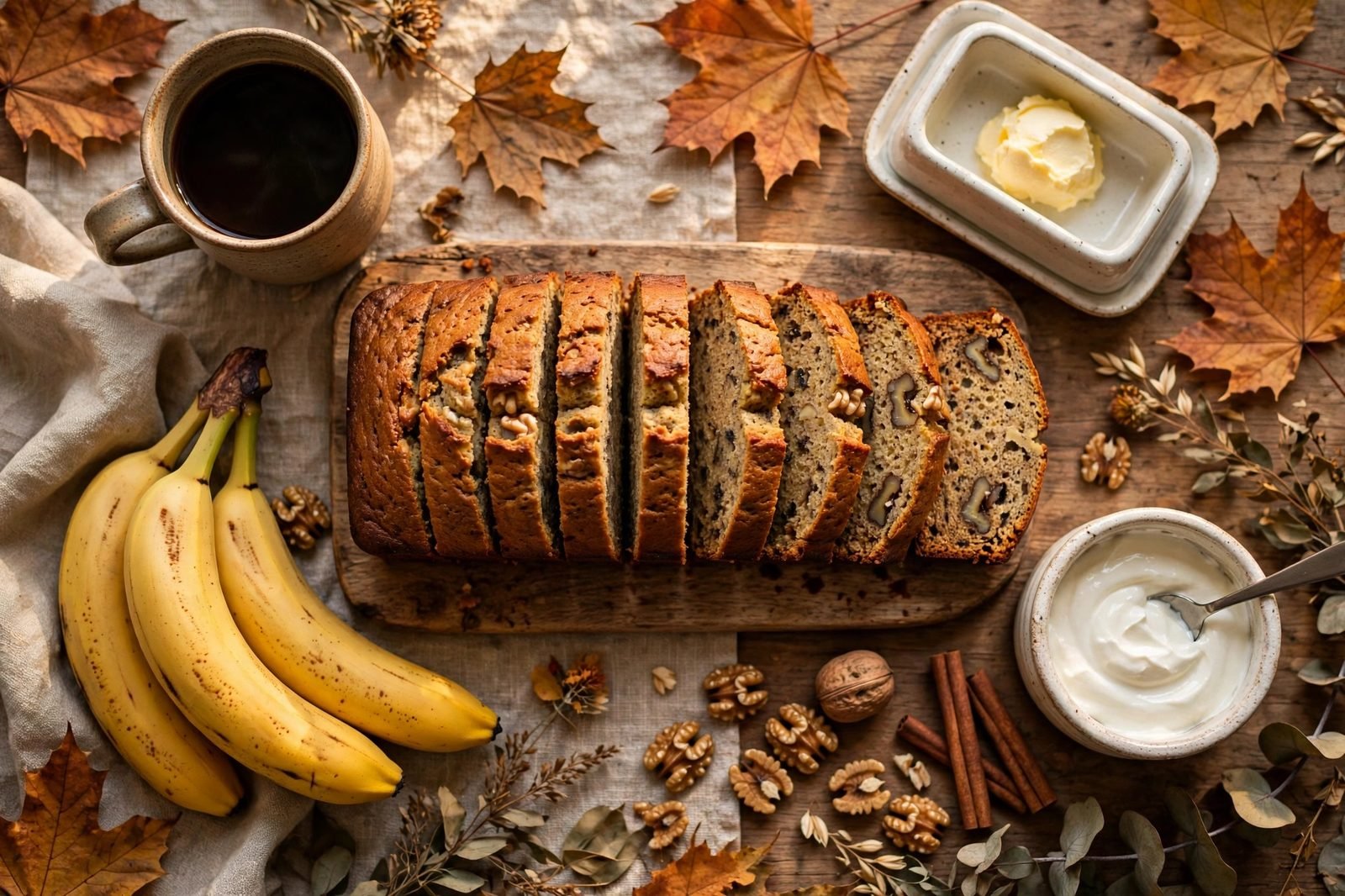 Overhead fall breakfast spread with sliced banana bread, butter, coffee, and ripe bananas