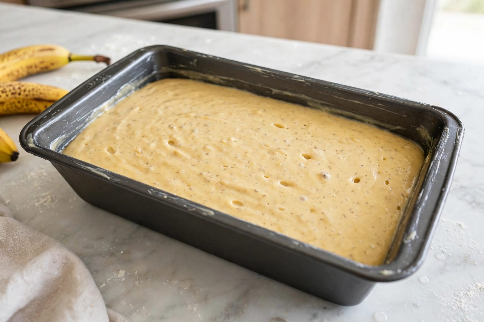 Greased 9x5-inch loaf pan filled with smooth banana bread batter, ready for the oven