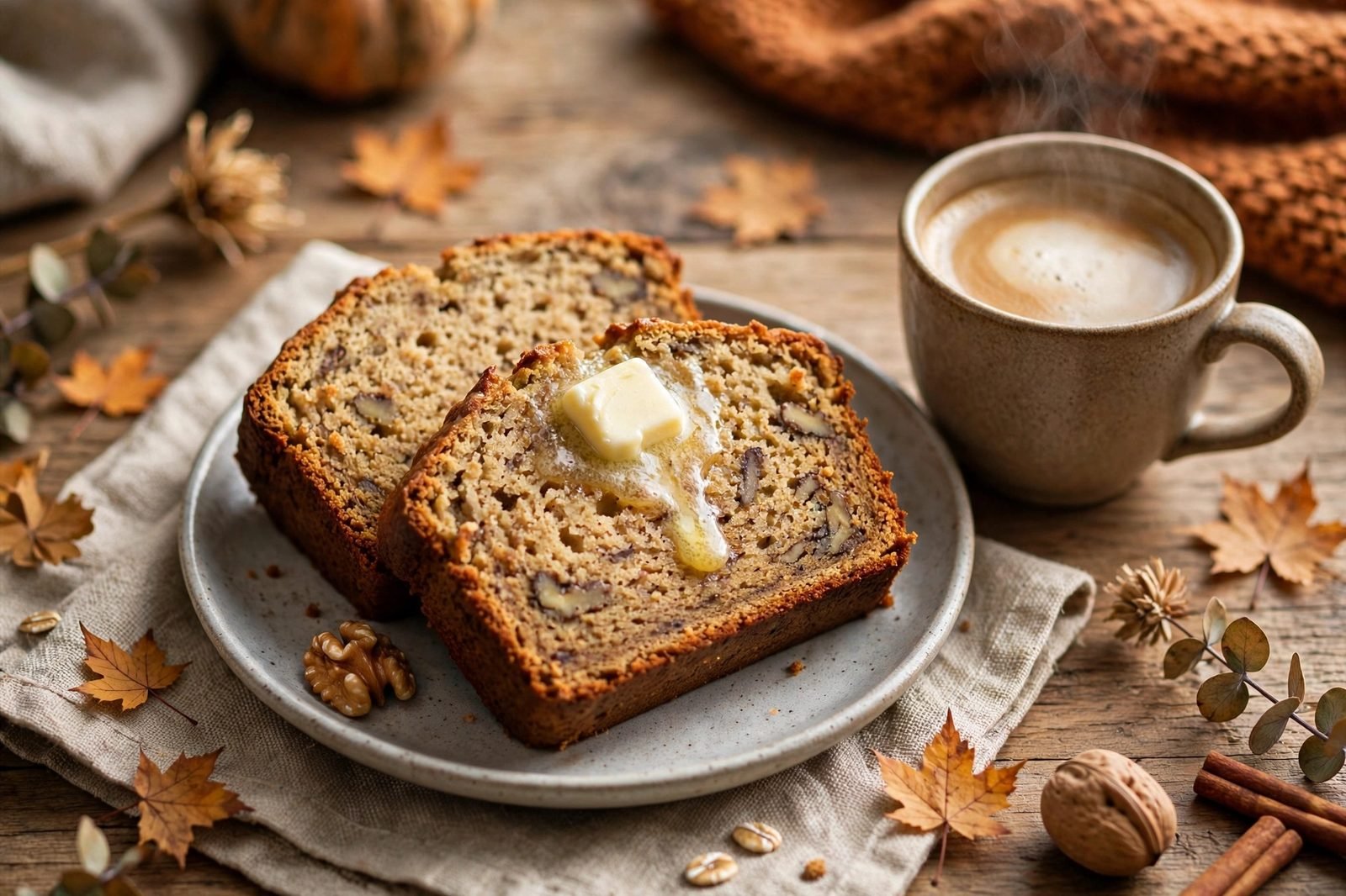 Two slices of warm banana bread with melting butter on a plate with coffee