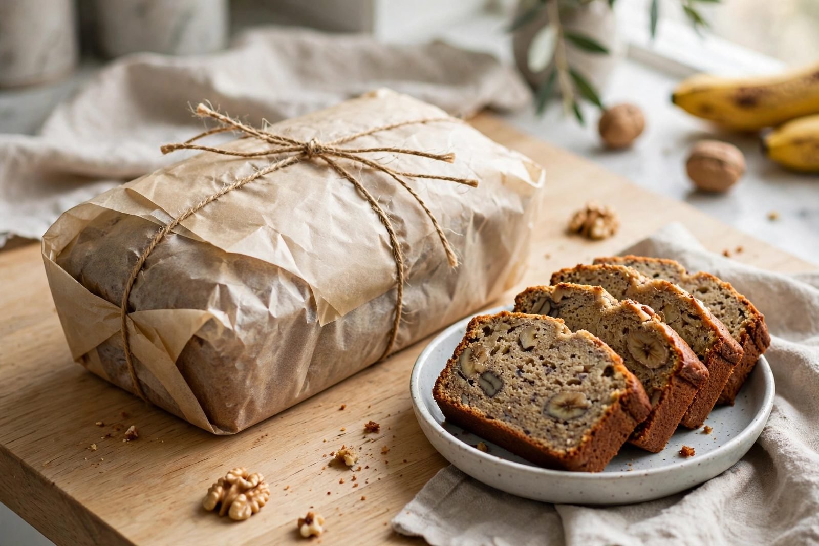 Banana bread loaf wrapped in parchment paper and twine for storage
