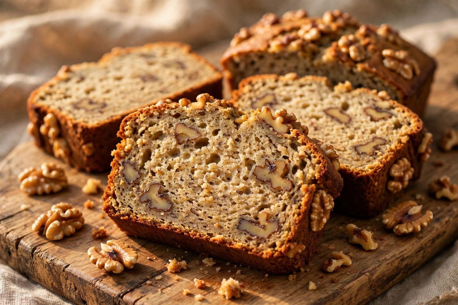 Walnut banana bread variant: slices studded with toasted walnuts on a wooden board