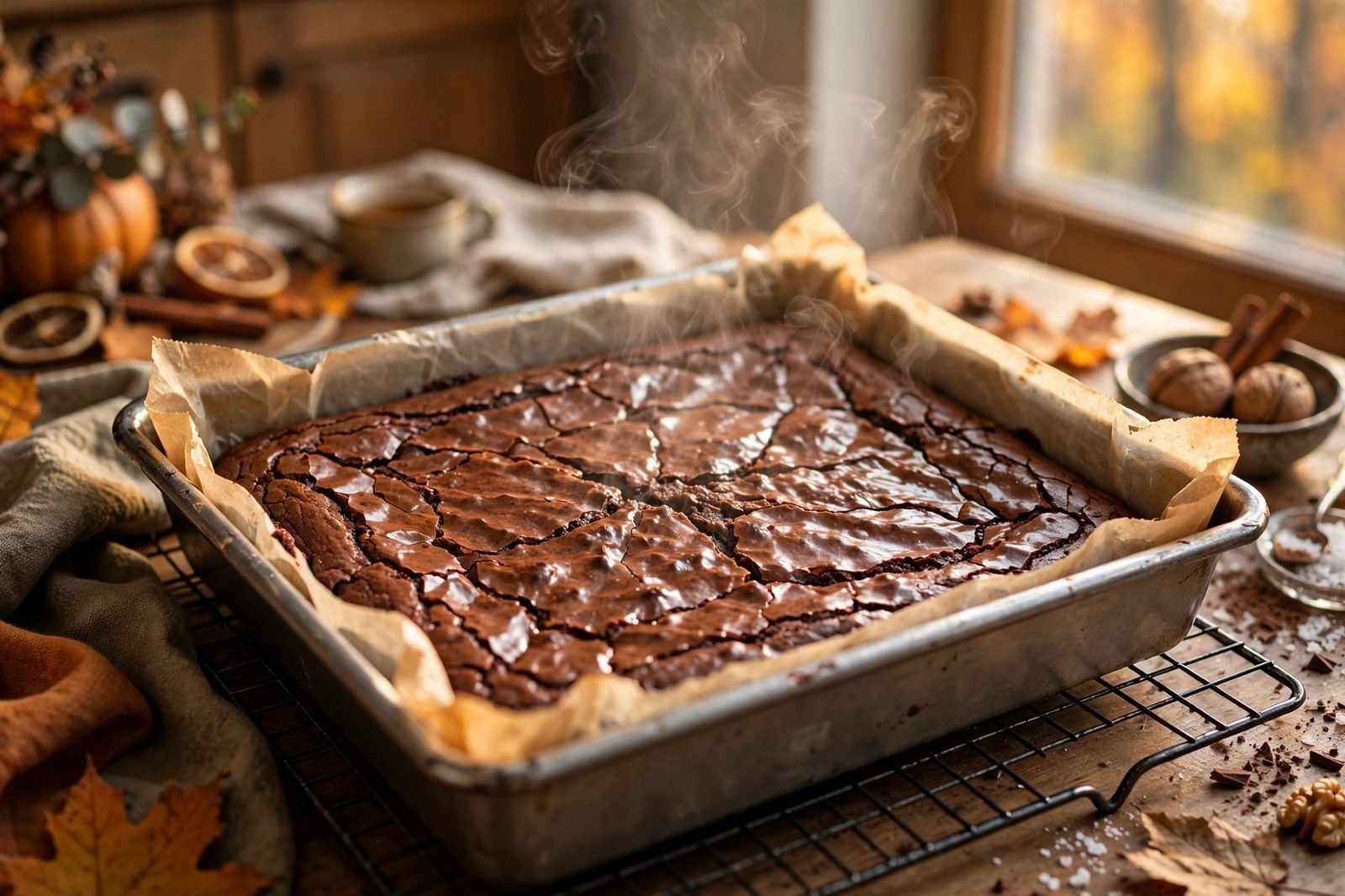 Freshly baked slab of brownies in a 9x9 pan lined with parchment, cooling on a wire rack