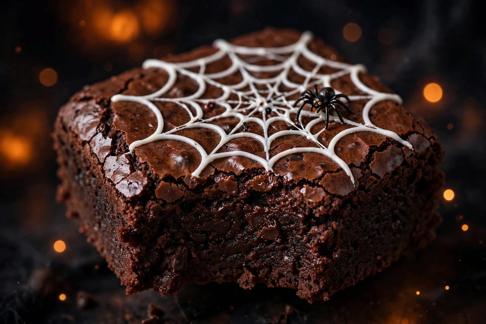 Close-up of a single brownie with a white icing spiderweb design and a candy spider
