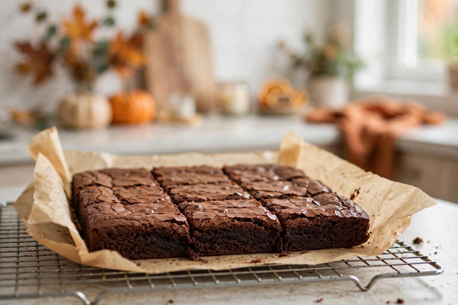 Baked brownies cooling on a wire rack after being lifted from the pan