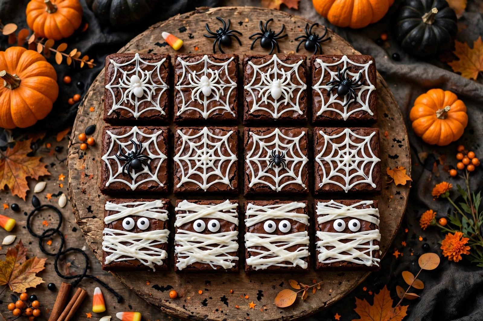 Platter of Halloween brownies decorated as spiderwebs and mummies with white icing
