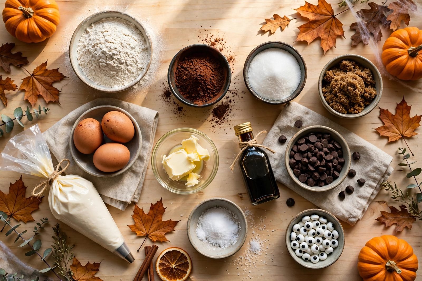 Ingredients for Halloween brownies: butter, sugars, cocoa powder, eggs, flour, chocolate chips, piping bag of white icing, and candy eyes