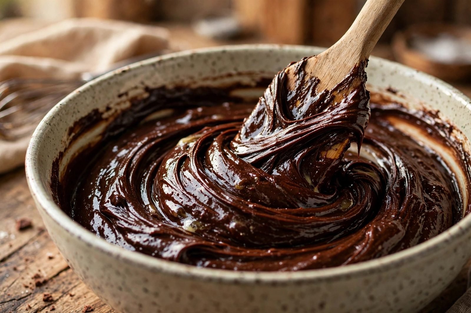 Thick glossy chocolate brownie batter being stirred in a large mixing bowl