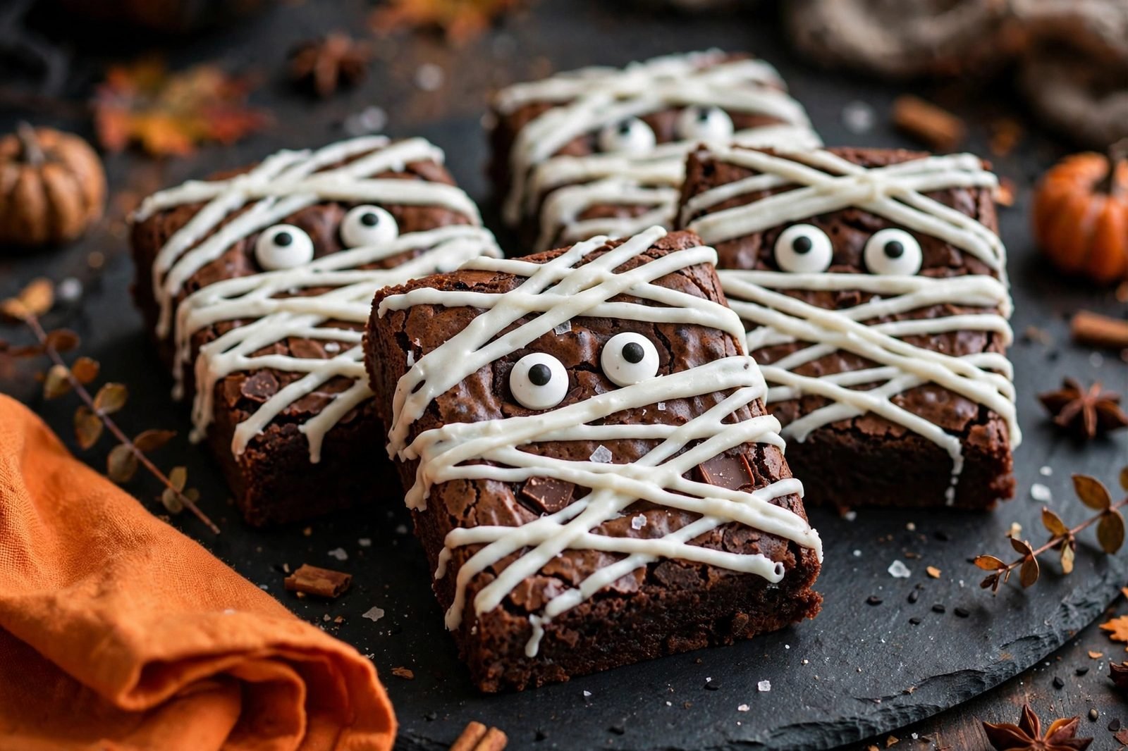 Brownies decorated as mummies with white icing bandages and candy eyes