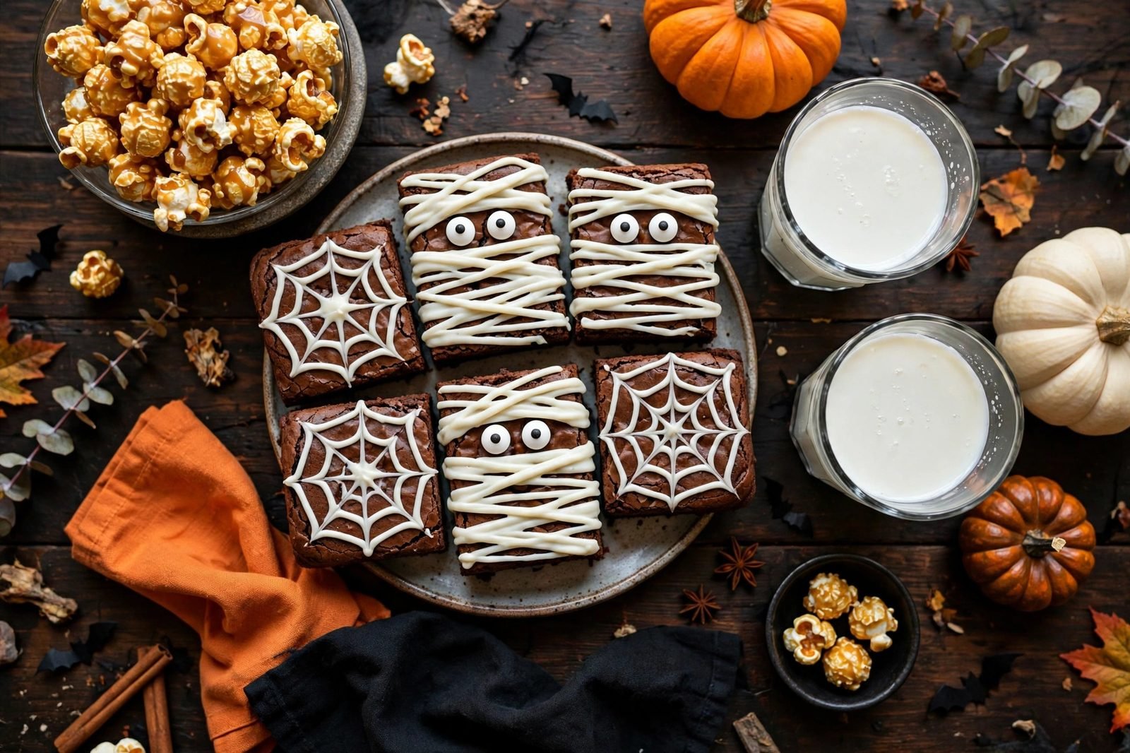 Overhead Halloween dessert spread with decorated brownies, milk, and caramel popcorn