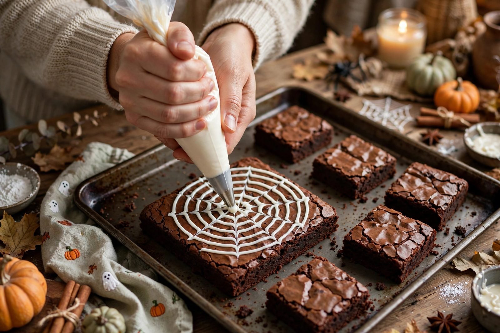 Piping white icing concentric circles onto a brownie to make a spiderweb design