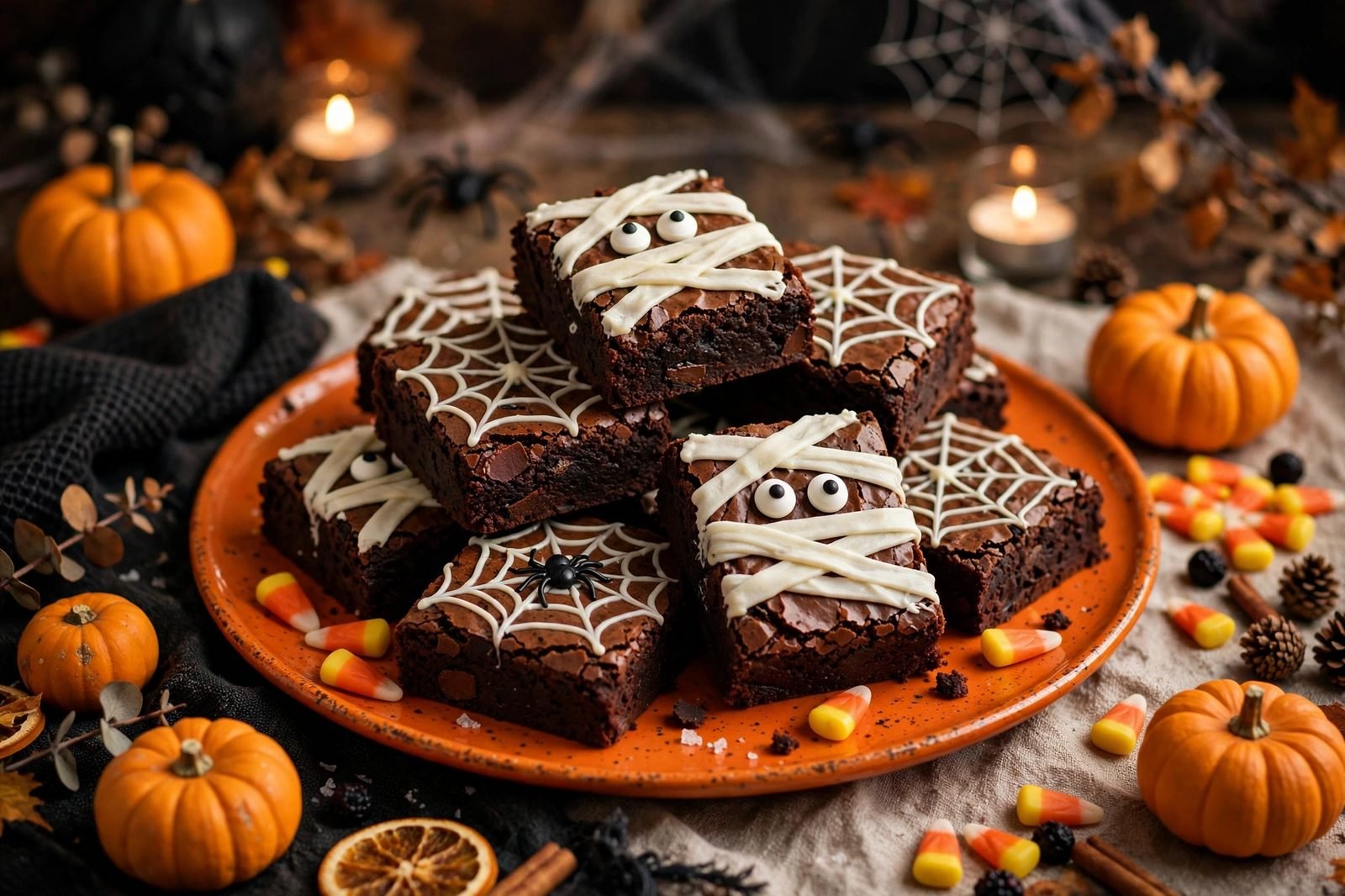 Halloween brownie platter on an orange serving plate with mini pumpkins and candy corn