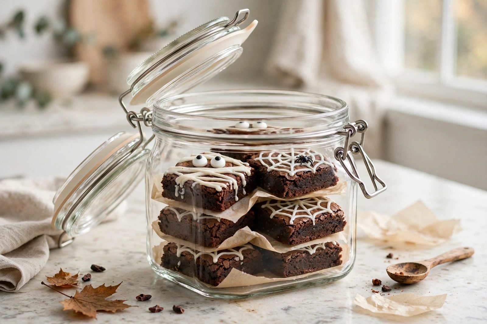 Decorated Halloween brownies stored in a clear airtight container
