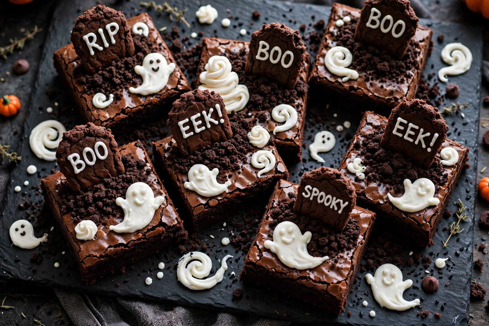 Graveyard-variant brownies with chocolate cookie crumb dirt and icing ghosts