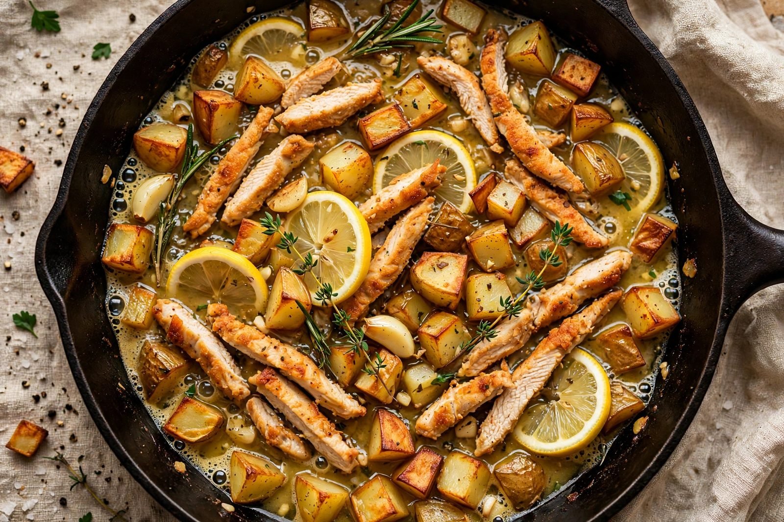 Seared chicken strips returned to the skillet with the potatoes