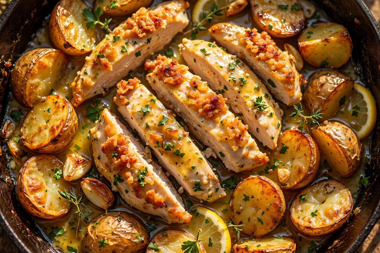 Close-up of glossy chicken and crispy potatoes in the light pan sauce