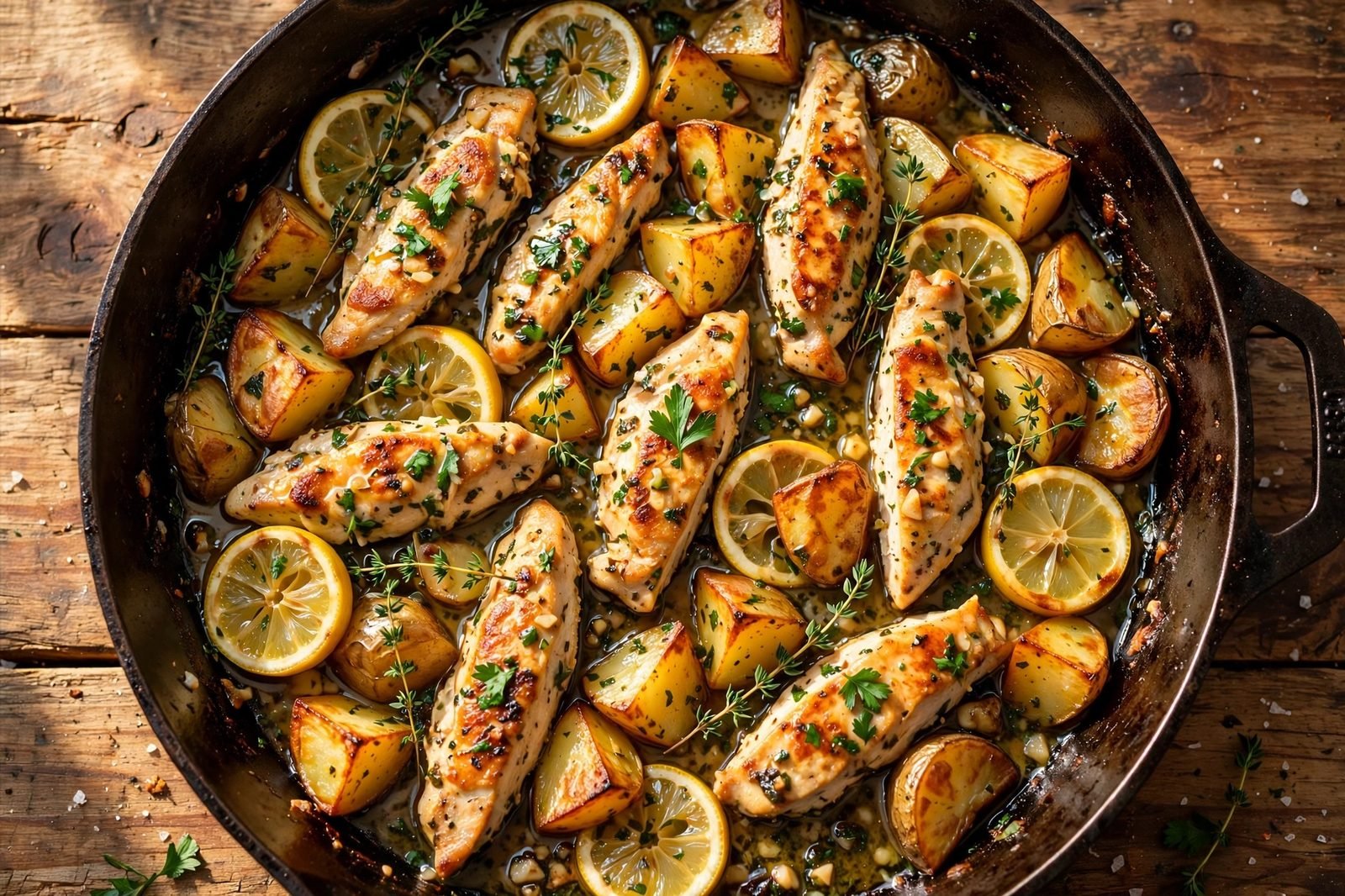 Overhead of a finished skillet of lemon herb chicken and crispy potatoes with lemon slices and fresh herbs