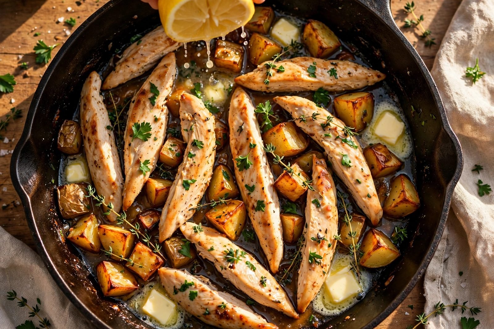 Lemon and herb finish over the finished chicken and potatoes