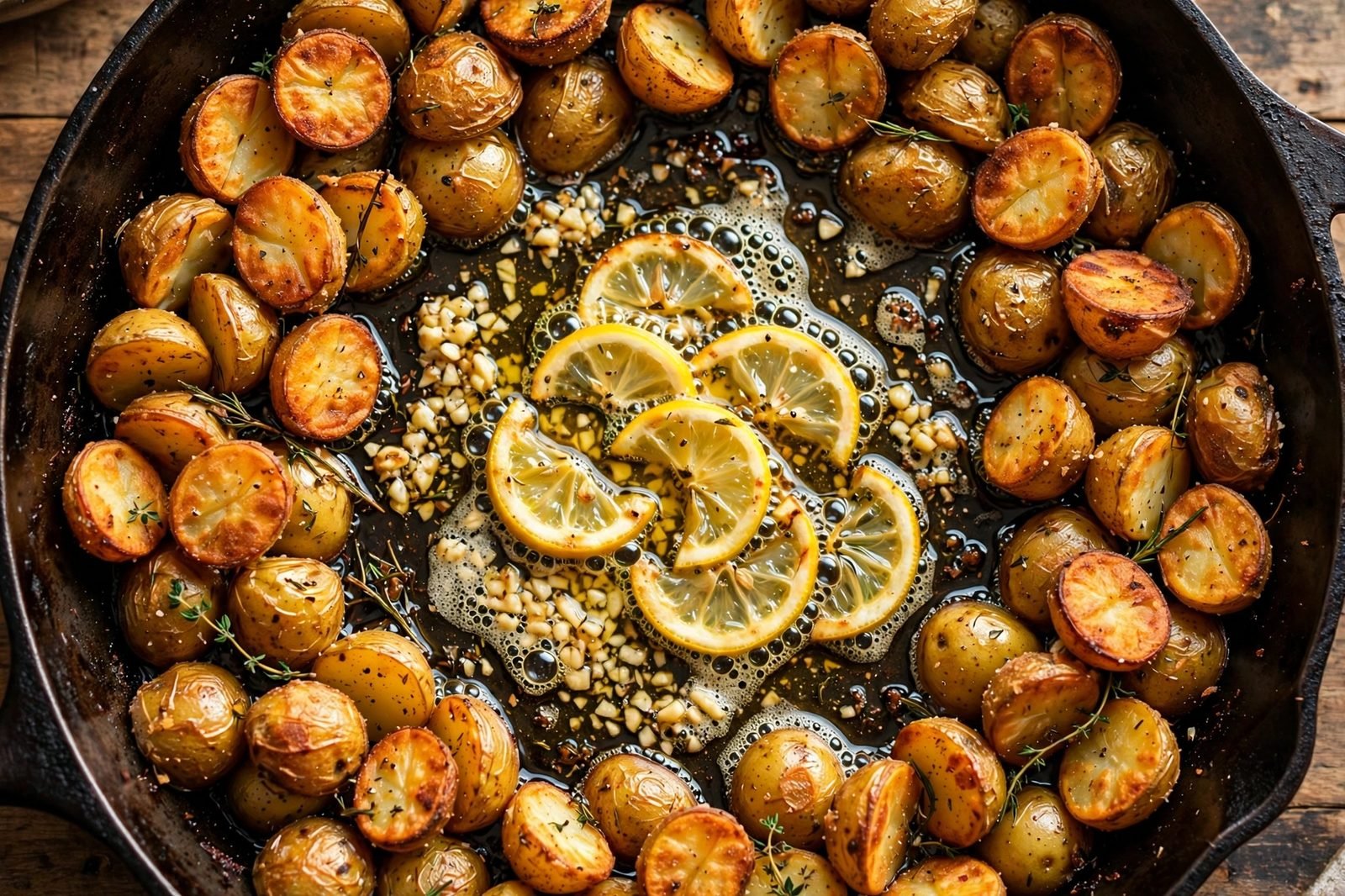 Minced garlic and lemon slices added to the center of the skillet