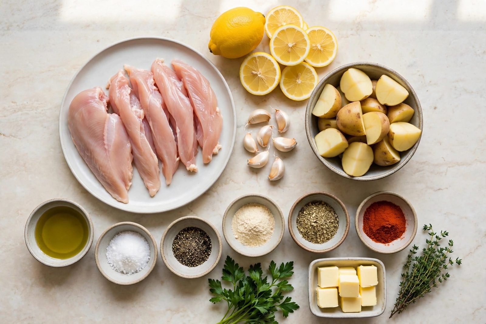 Ingredients for lemon herb chicken and potatoes: chicken strips, baby potatoes, lemon, garlic, herbs, butter