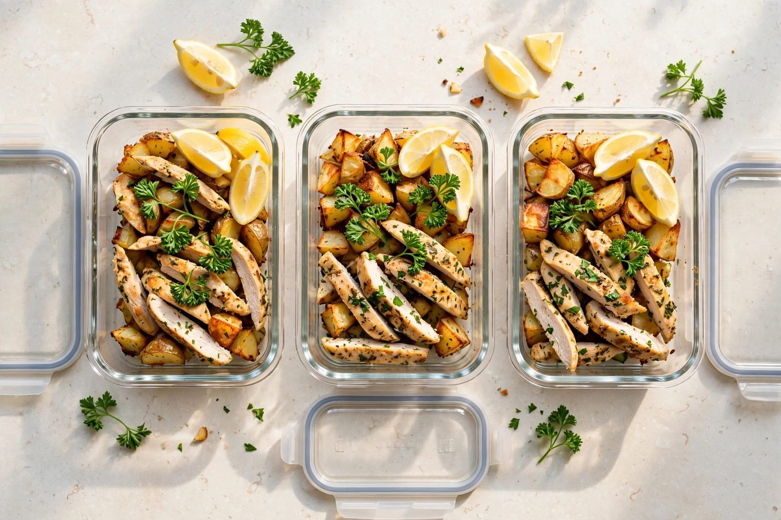 Glass meal-prep containers portioned with lemon herb chicken and potatoes