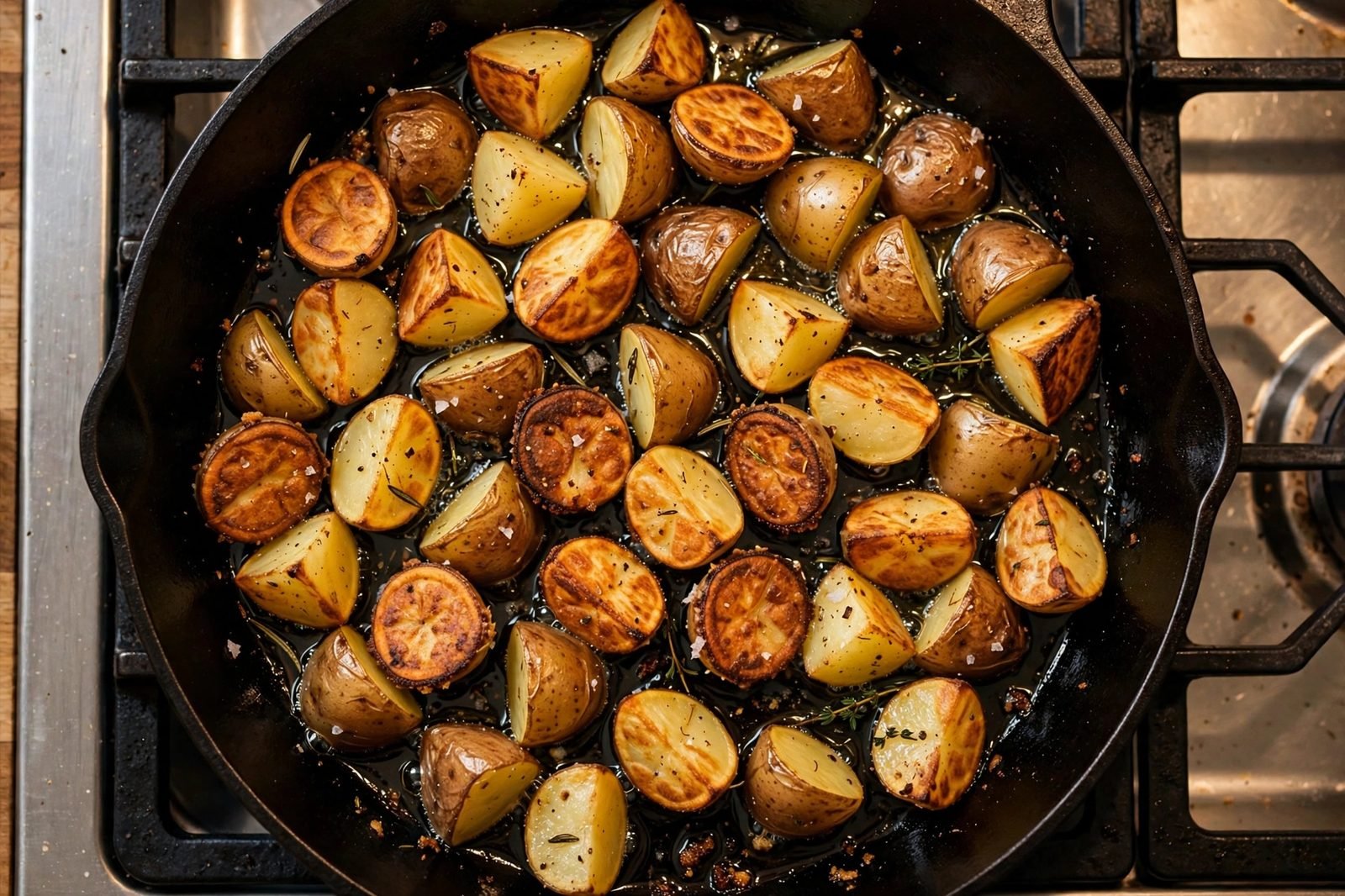 Quartered potatoes crisping cut-side down in the skillet