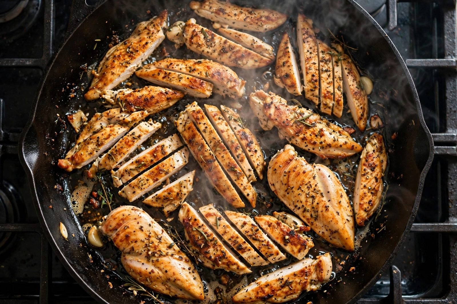 Chicken strips searing golden in a hot skillet