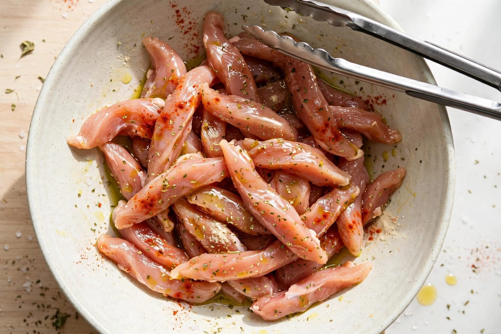 Chicken strips being tossed with olive oil and seasonings
