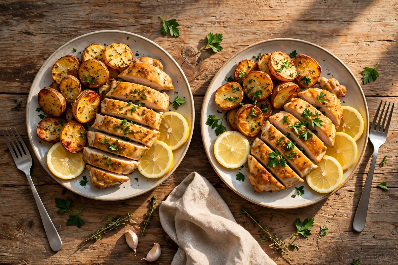 Plated lemon herb chicken and potatoes with fresh parsley