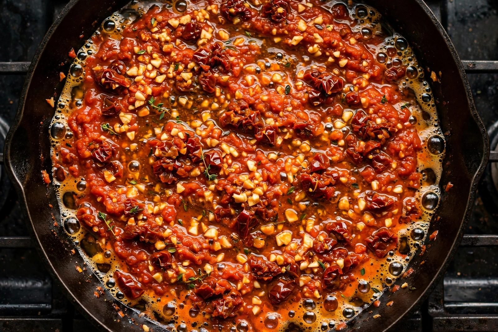 Garlic, tomato paste, and chopped sun-dried tomatoes sizzling in a skillet