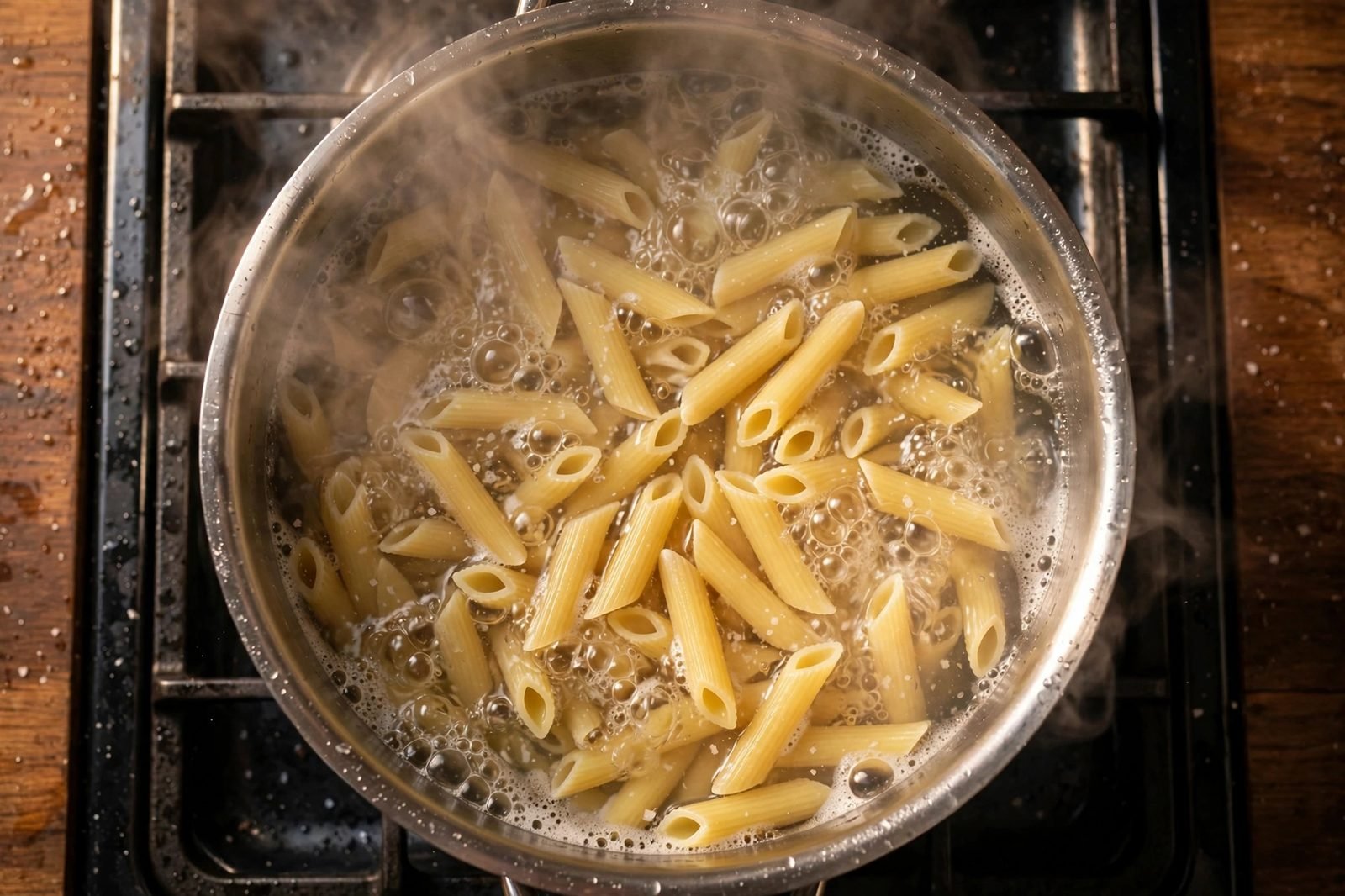 Penne boiling in a large pot of bubbling water