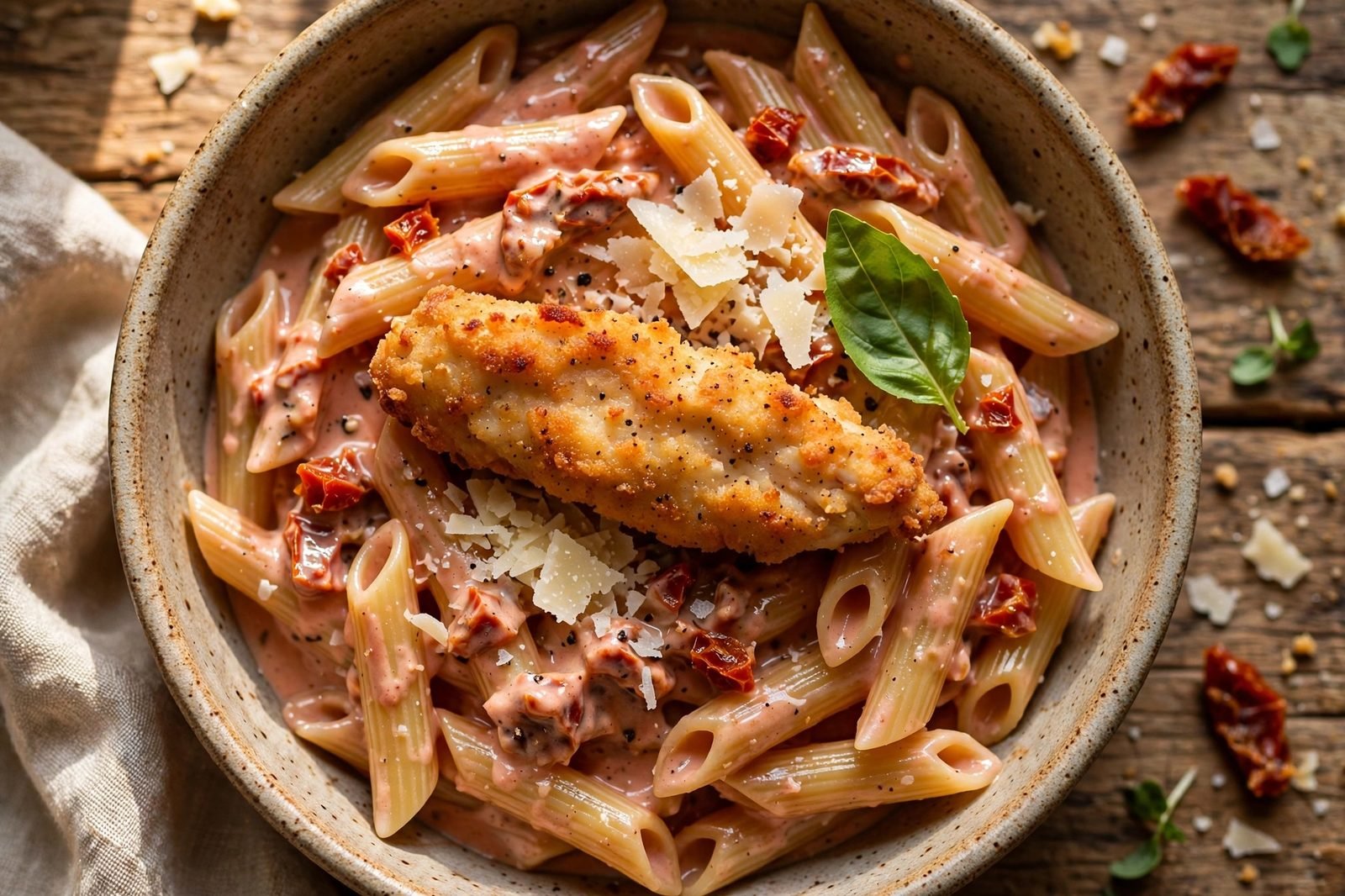 Close-up of a bowl of finished pasta with glossy pink sauce, chicken strip, and basil