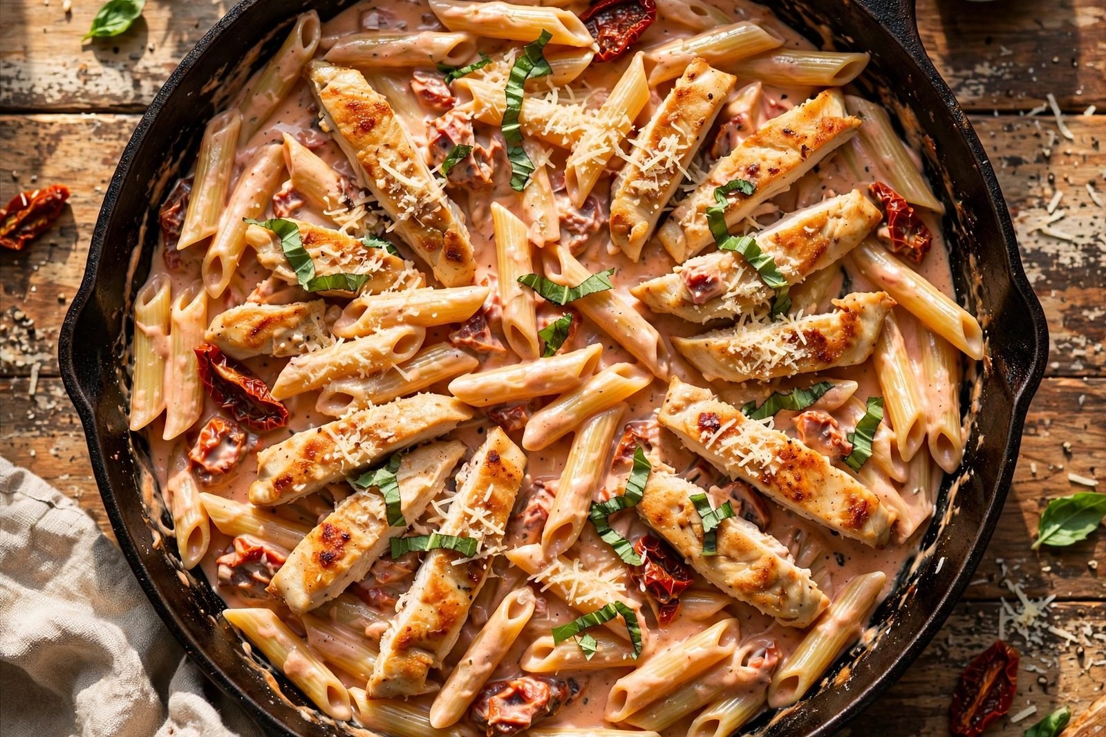 Overhead of finished penne in a skillet with pinkish cream sauce, golden chicken strips, basil, and Parmesan