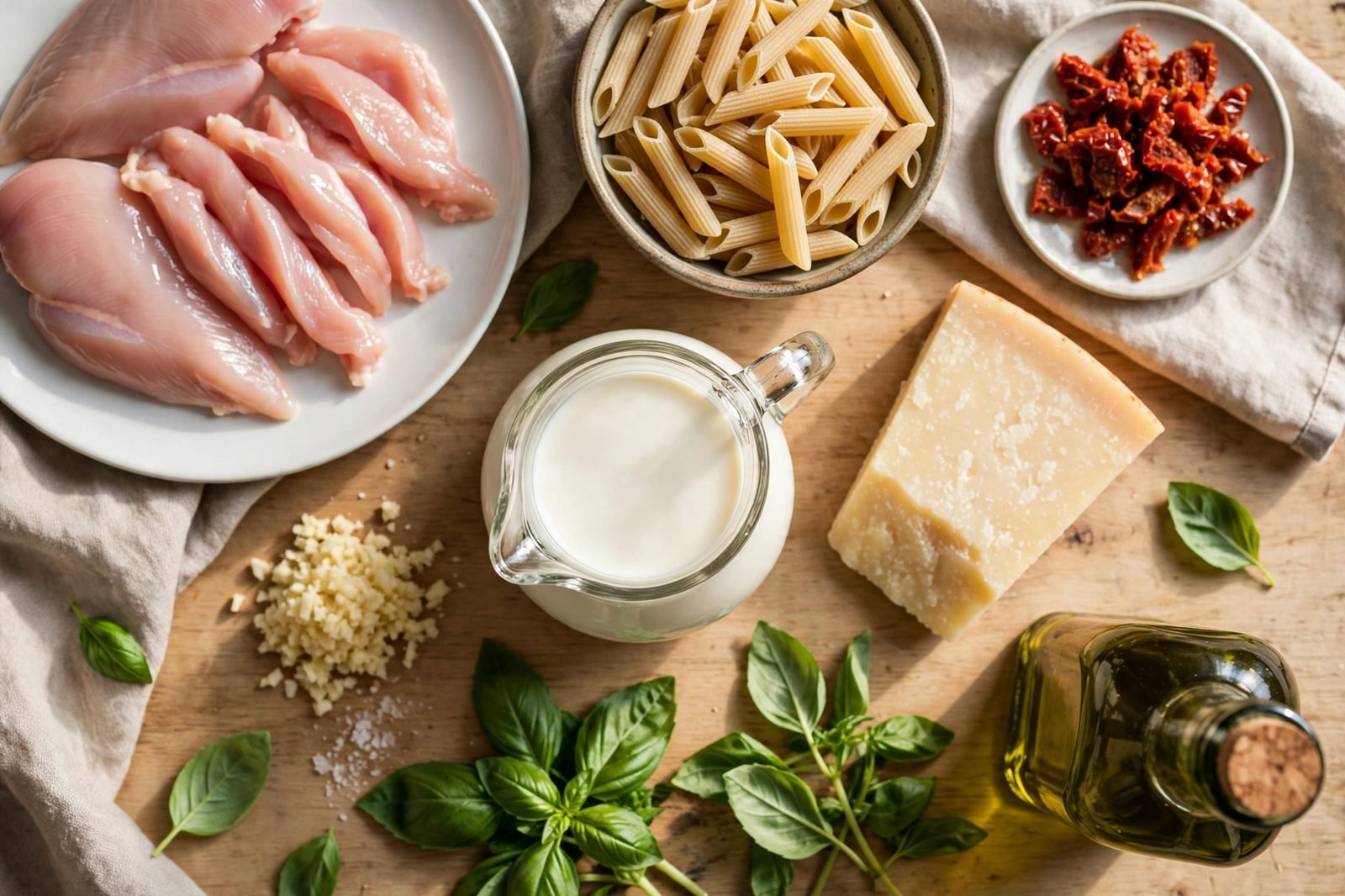 Ingredients for sun-dried tomato chicken pasta: chicken strips, penne, sun-dried tomatoes, garlic, cream, Parmesan, basil