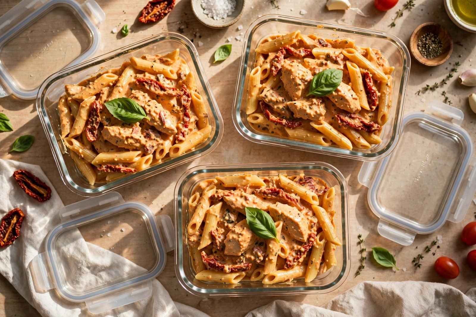 Meal-prep containers portioned with sun-dried tomato chicken pasta
